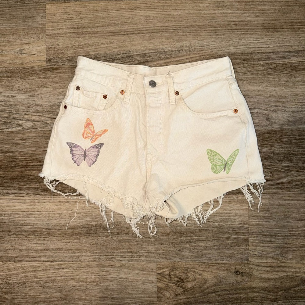 Levis 501 Give Me Butterflies Shorts White Denim High Rise Womens 26‎